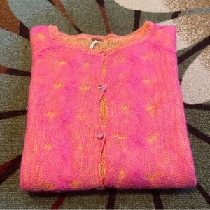 Free People Lightweight Knit Two Tone Cardigan in Pink/Yellow Medium